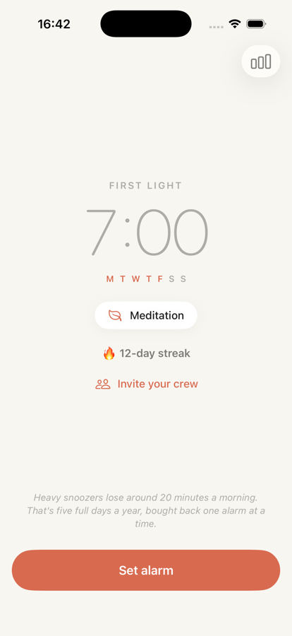 First Light home screen — 7:00 alarm, meditation mission, 12-day streak